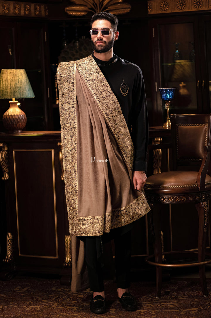 Pashtush India Mens Shawls Gents Shawl Pashtush mens 100% Pure Wool with Woolmark Certificate shawl, Metallic Tilla border weave design, Taupe