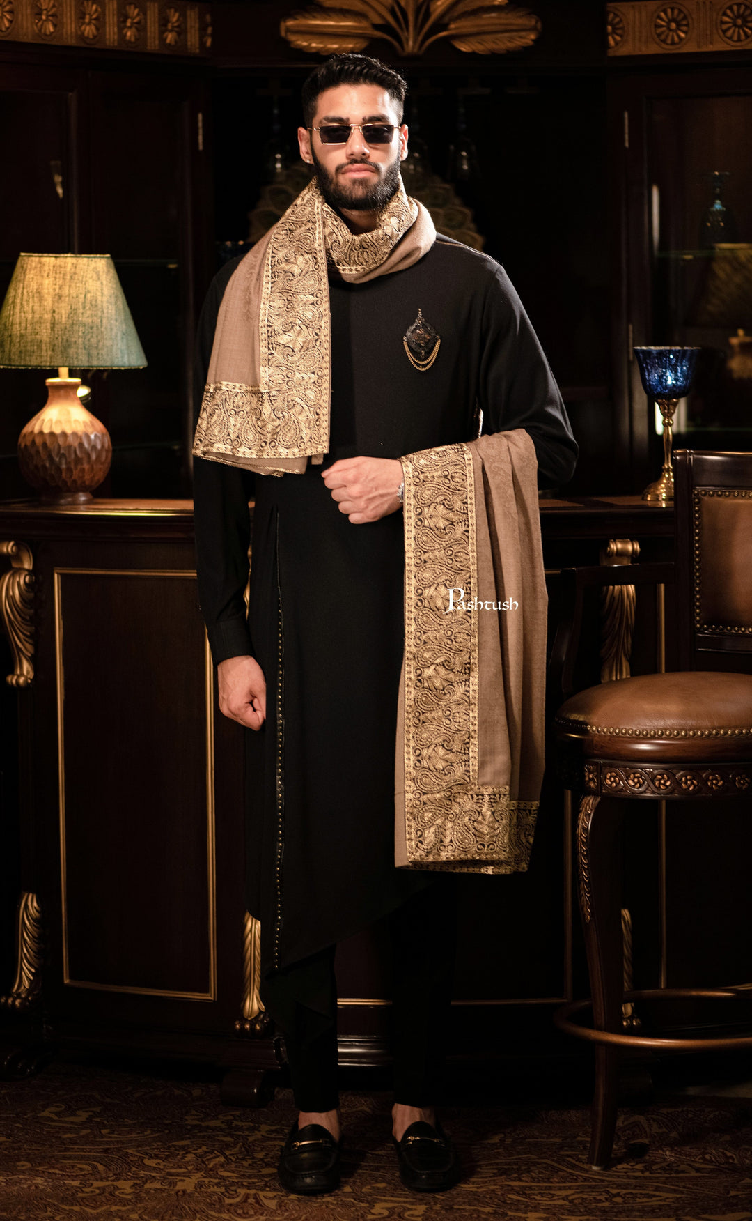Pashtush India Mens Shawls Gents Shawl Pashtush mens 100% Pure Wool with Woolmark Certificate shawl, Metallic Tilla border weave design, Taupe