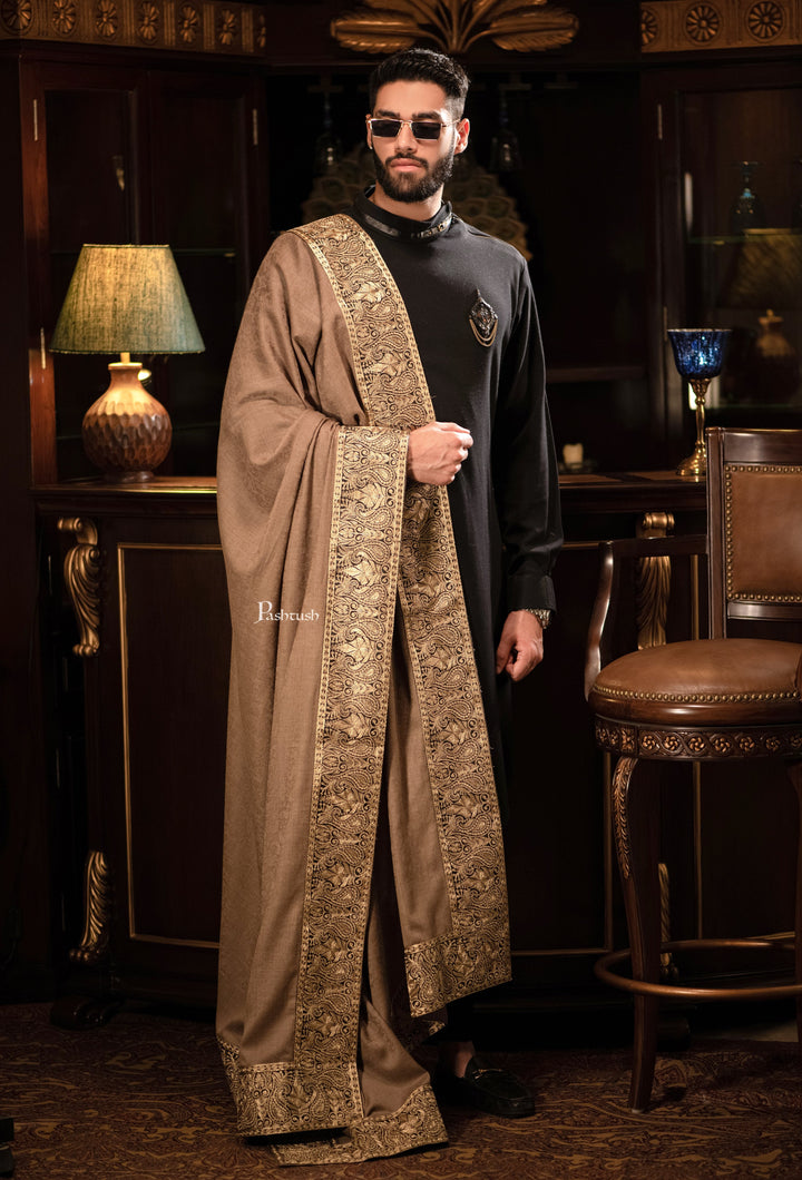 Pashtush India Mens Shawls Gents Shawl Pashtush mens 100% Pure Wool with Woolmark Certificate shawl, Metallic Tilla border weave design, Taupe