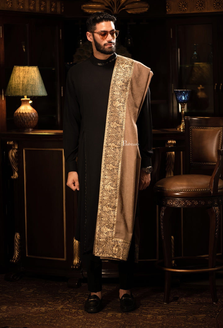 Pashtush India Mens Shawls Gents Shawl Pashtush mens 100% Pure Wool with Woolmark Certificate shawl, Metallic Tilla border weave design, Taupe