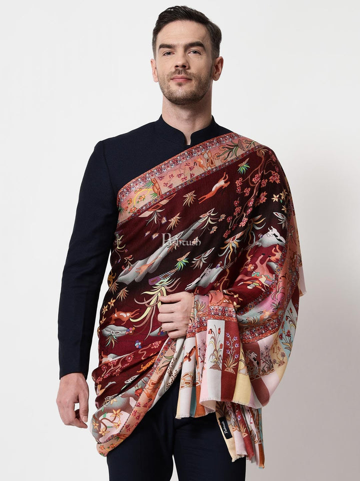 Pashtush India Mens Shawls Gents Shawl Pashtush mens 100% Pure Wool with Woolmark Certificate shawl, Shikaar-Dar design, Multicolour