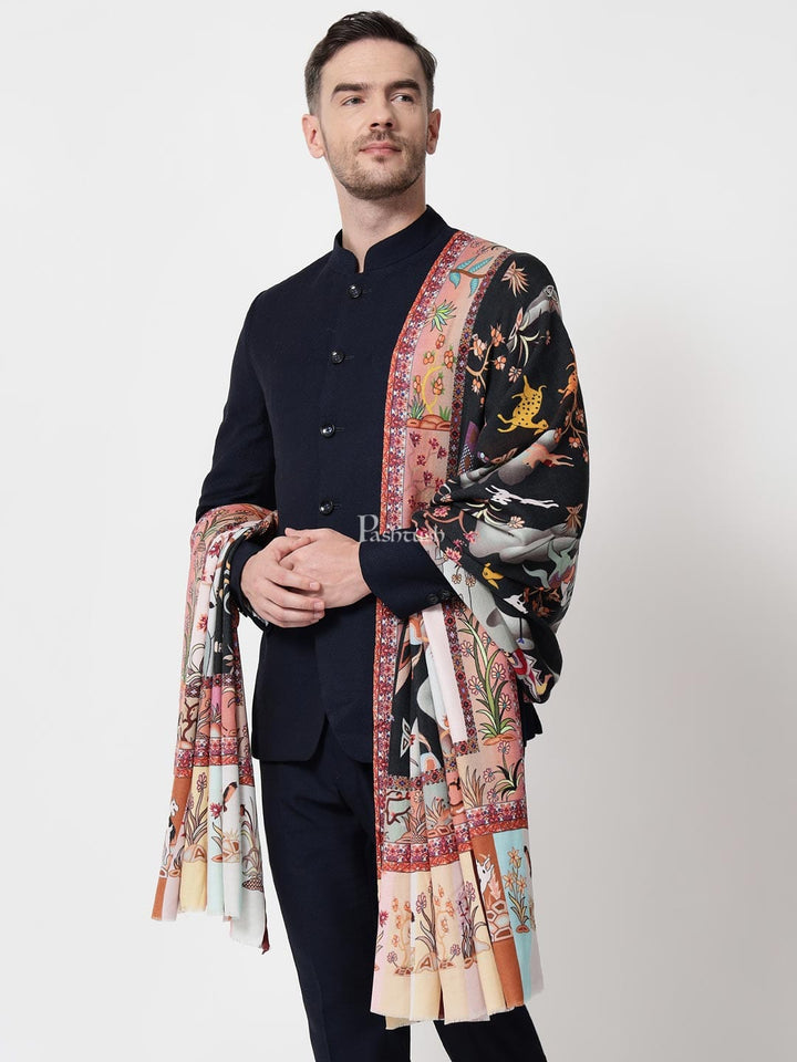 Pashtush India Mens Shawls Gents Shawl Pashtush mens 100% Pure Wool with Woolmark Certificate shawl, Shikaar-Dar design, Multicolour