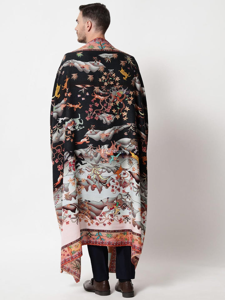 Pashtush India Mens Shawls Gents Shawl Pashtush mens 100% Pure Wool with Woolmark Certificate shawl, Shikaar-Dar design, Multicolour