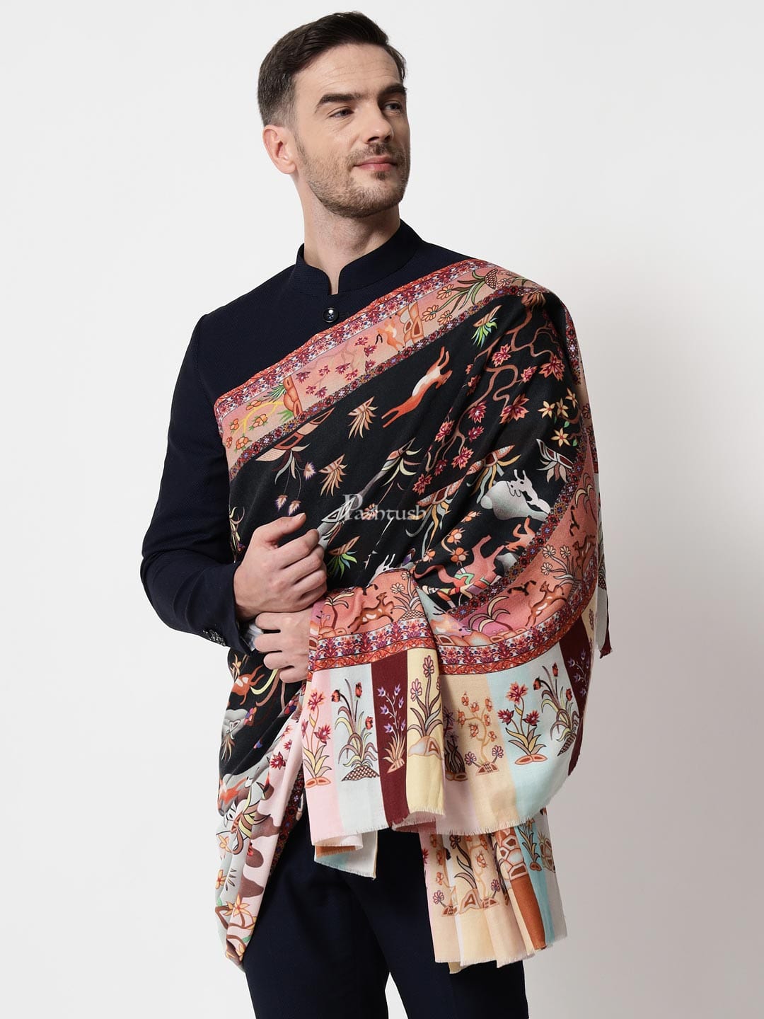 Pashtush India Mens Shawls Gents Shawl Pashtush mens 100% Pure Wool with Woolmark Certificate shawl, Shikaar-Dar design, Multicolour
