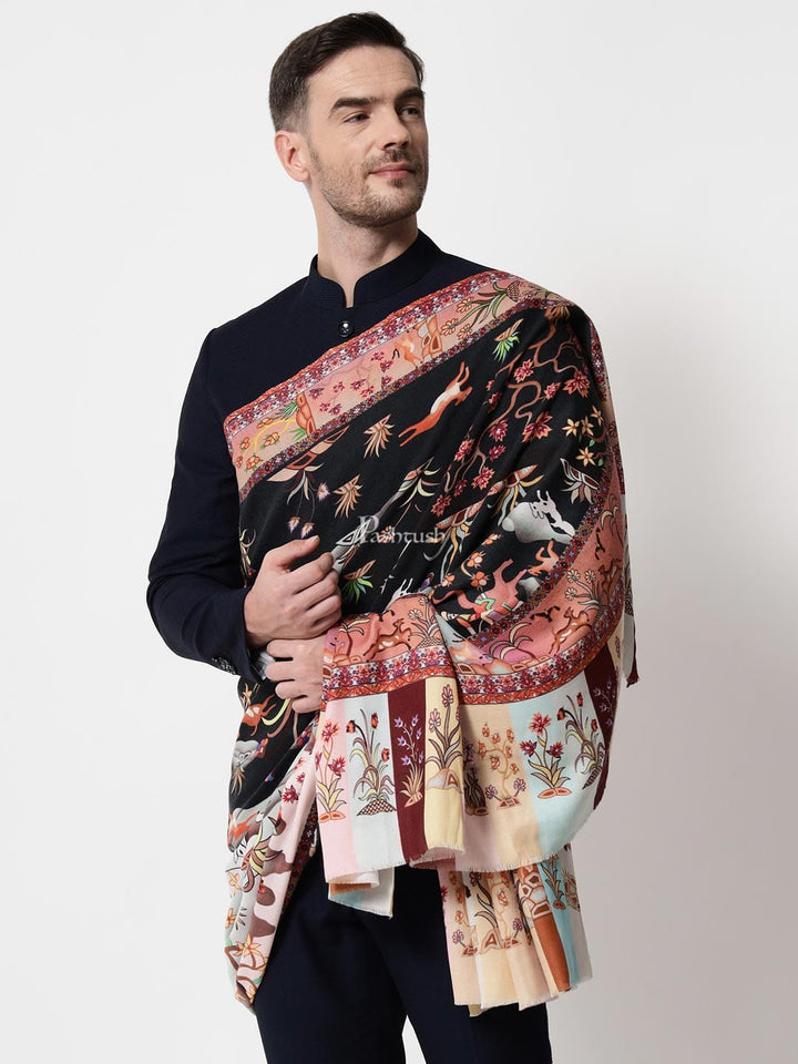 Pashtush India Mens Shawls Gents Shawl Pashtush mens 100% Pure Wool with Woolmark Certificate shawl, Shikaar-Dar design, Multicolour