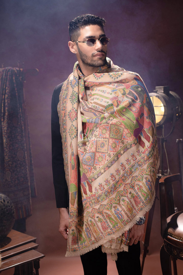 Pashtush India Mens Scarves Stoles and Mufflers Pashtush mens 100% Pure Wool with Woolmark Certificate stole, Darbar design, Beige