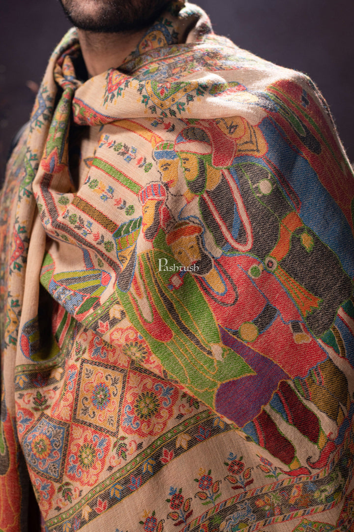 Pashtush India Mens Scarves Stoles and Mufflers Pashtush mens 100% Pure Wool with Woolmark Certificate stole, Darbar design, Beige