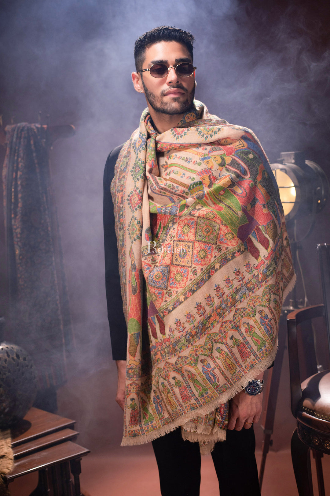 Pashtush India Mens Scarves Stoles and Mufflers Pashtush mens 100% Pure Wool with Woolmark Certificate stole, Darbar design, Beige
