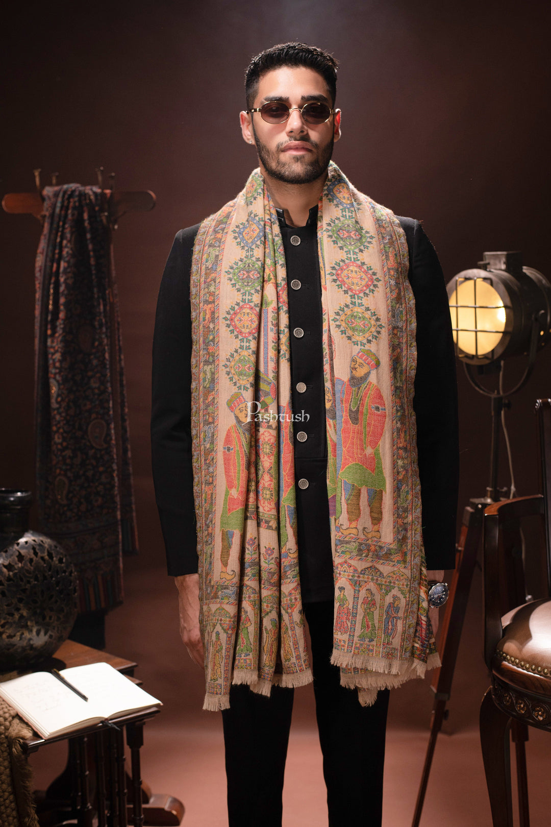 Pashtush India Mens Scarves Stoles and Mufflers Pashtush mens 100% Pure Wool with Woolmark Certificate stole, Darbar design, Beige