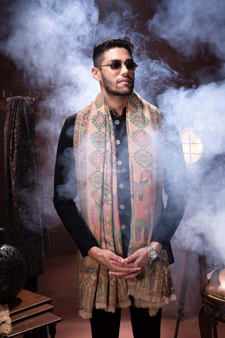 Pashtush India Mens Scarves Stoles and Mufflers Pashtush mens 100% Pure Wool with Woolmark Certificate stole, Darbar design, Beige