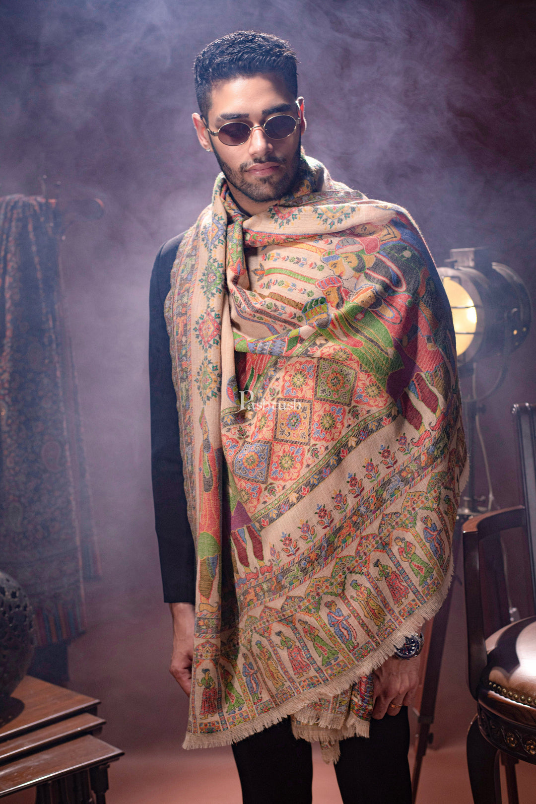 Pashtush India Mens Scarves Stoles and Mufflers Pashtush mens 100% Pure Wool with Woolmark Certificate stole, Darbar design, Beige