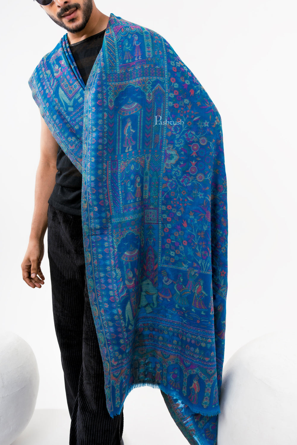 Pashtush India Mens Scarves Stoles and Mufflers Pashtush Mens 100% Pure Wool With Woolmark Certificate Stole, Darbar Design, Blue