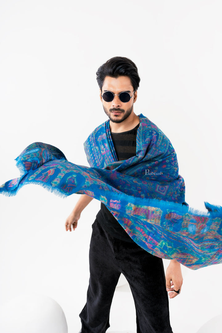 Pashtush India Mens Scarves Stoles and Mufflers Pashtush Mens 100% Pure Wool With Woolmark Certificate Stole, Darbar Design, Blue