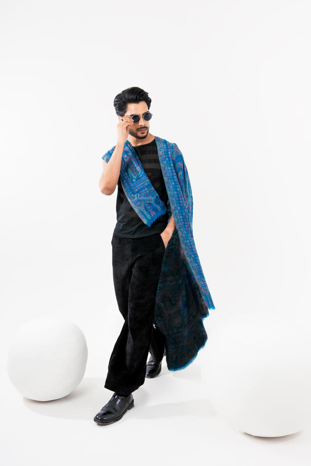 Pashtush India Mens Scarves Stoles and Mufflers Pashtush Mens 100% Pure Wool With Woolmark Certificate Stole, Darbar Design, Blue