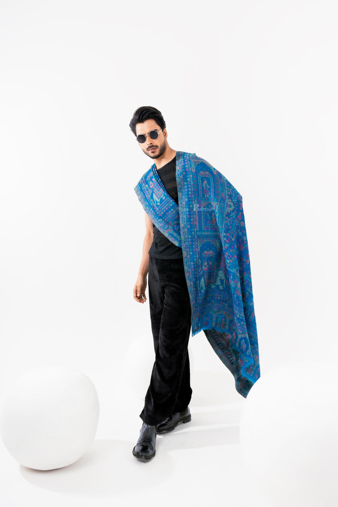 Pashtush India Mens Scarves Stoles and Mufflers Pashtush Mens 100% Pure Wool With Woolmark Certificate Stole, Darbar Design, Blue