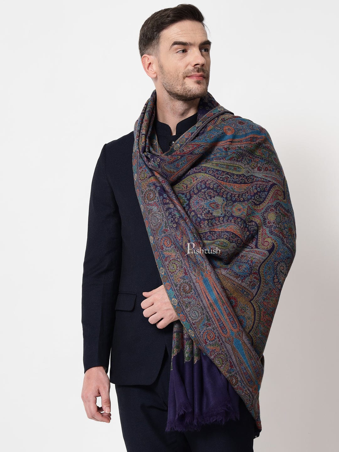Pashtush mens 100% Pure Wool with Woolmark Certificate stole, ethnic weave design, Navy Blue
