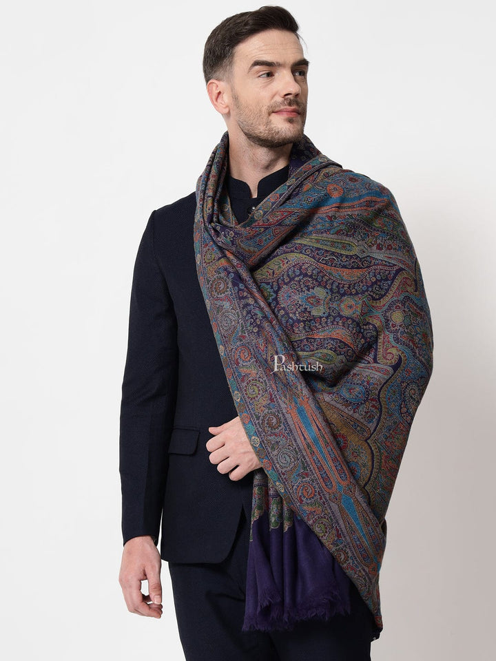 Pashtush mens 100% Pure Wool with Woolmark Certificate stole, ethnic weave design, Navy Blue
