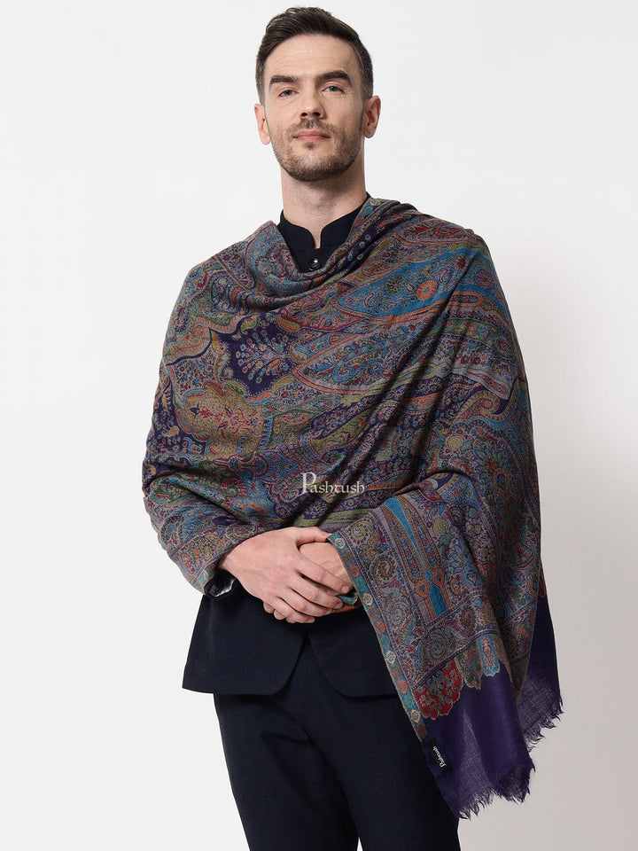 Pashtush India Mens Shawls Gents Shawl Pashtush mens 100% Pure Wool with Woolmark Certificate stole, ethnic weave design, Navy Blue