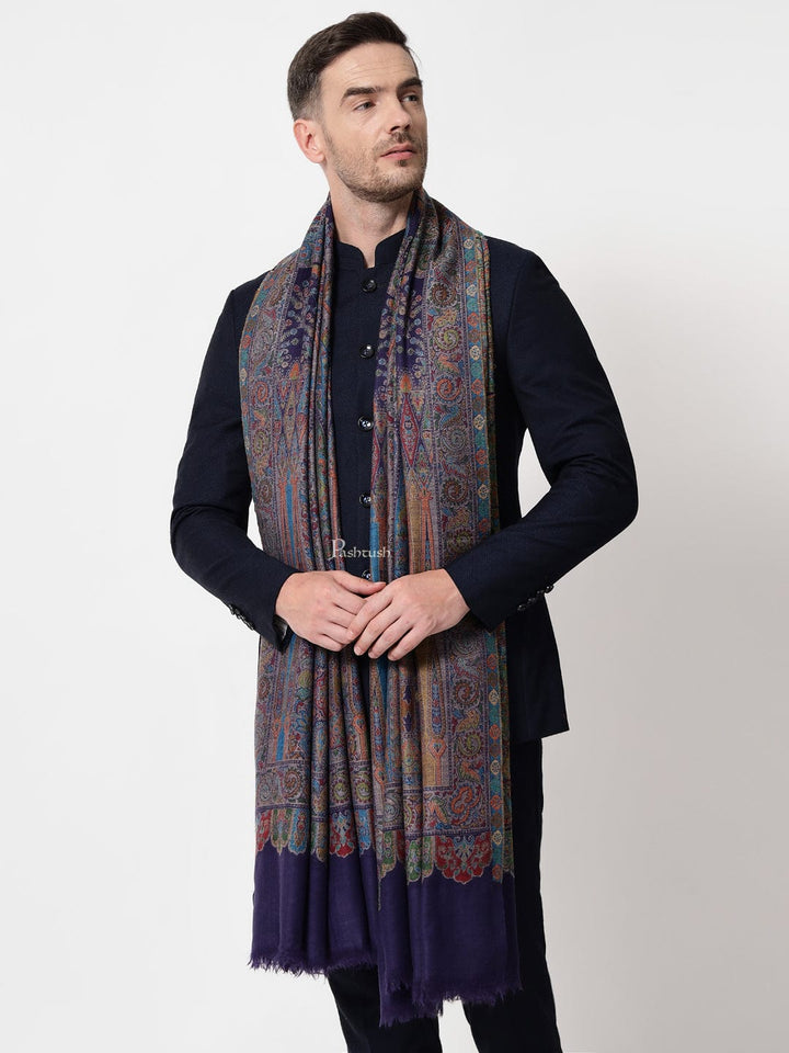 Pashtush India Mens Shawls Gents Shawl Pashtush mens 100% Pure Wool with Woolmark Certificate stole, ethnic weave design, Navy Blue