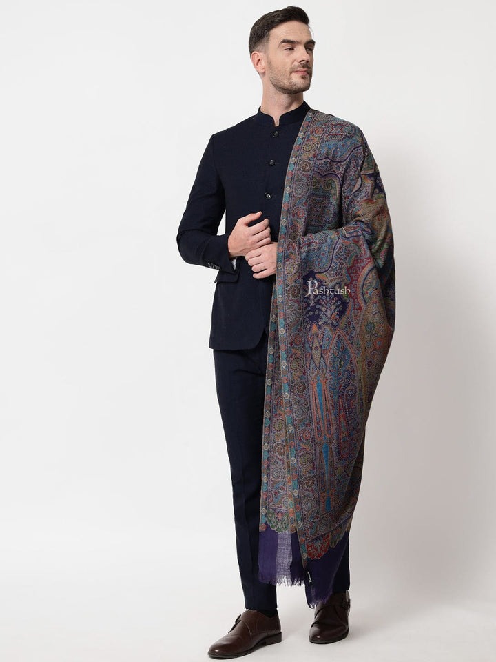 Pashtush India Mens Shawls Gents Shawl Pashtush mens 100% Pure Wool with Woolmark Certificate stole, ethnic weave design, Navy Blue
