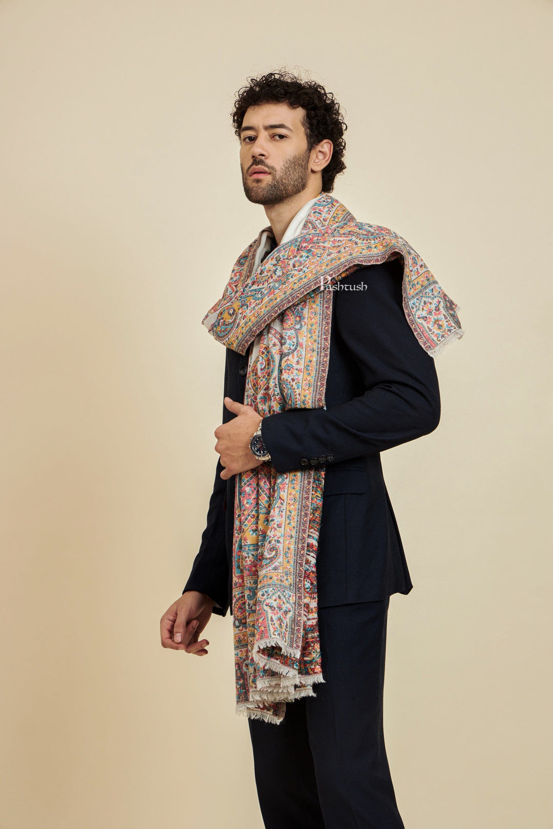 Pashtush India Mens Scarves Stoles and Mufflers Pashtush Mens 100% Pure Wool With Woolmark Certificate Stole, Heritage Antique Design, Ivory