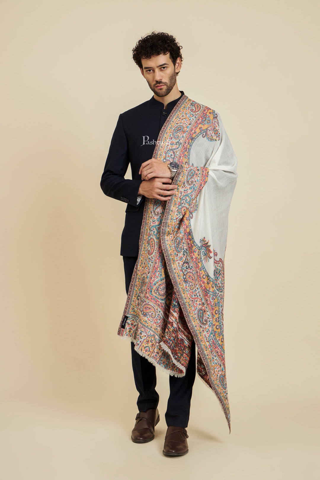 Pashtush India Mens Scarves Stoles and Mufflers Pashtush Mens 100% Pure Wool With Woolmark Certificate Stole, Heritage Antique Design, Ivory