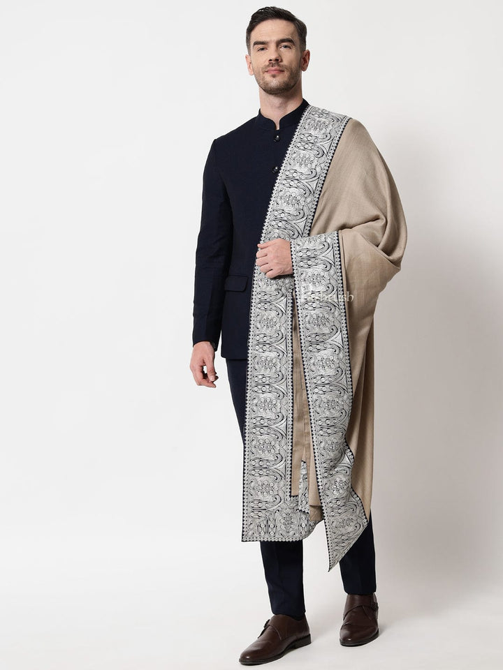 Pashtush India Mens Scarves Stoles and Mufflers Pashtush mens 100% Pure Wool with Woolmark Certificate stole, Metallic Tilla border weave design, Beige