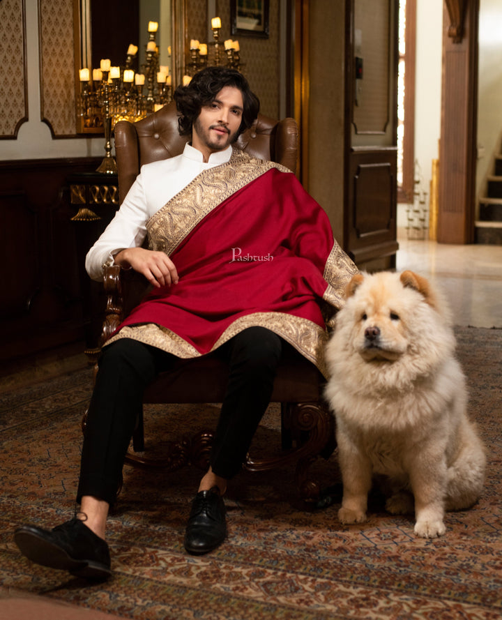 Pashtush India Mens Scarves Stoles and Mufflers Pashtush mens 100% Pure Wool with Woolmark Certificate stole, Metallic Tilla border weave design, Maroon