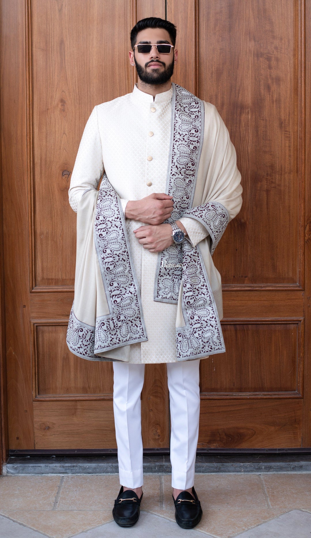 Pashtush India Mens Scarves Stoles and Mufflers Pashtush mens 100% Pure Wool with Woolmark Certificate stole, Metallic Tilla border weave design, Taupe