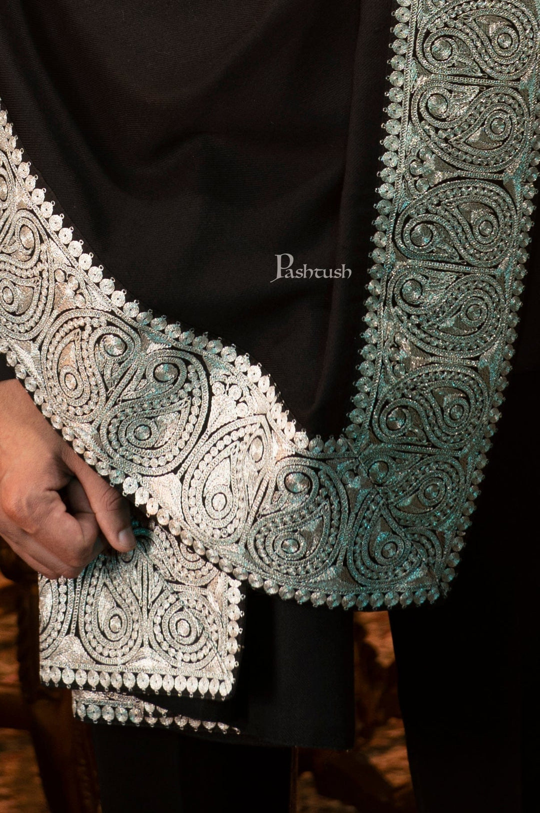 Pashtush India Mens Scarves Stoles and Mufflers Pashtush Mens 100% Pure Wool with Woolmark Certificate Stole, Metallic Tilla Embroidery Border, Rich Black
