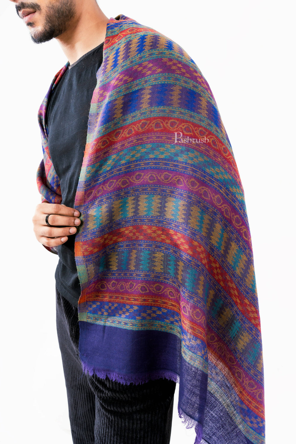 Pashtush India Mens Scarves Stoles and Mufflers Pashtush Mens 100% Pure Wool With Woolmark Certificate Stole, Mutli Stripe Design, Blue
