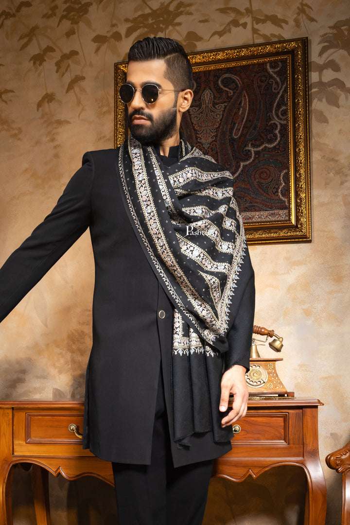 Pashtush India Mens Scarves Stoles and Mufflers Pashtush Mens 100% Pure Wool With Woolmark Certificate Stole, Nalki Embroidery With Crystal Design, Black