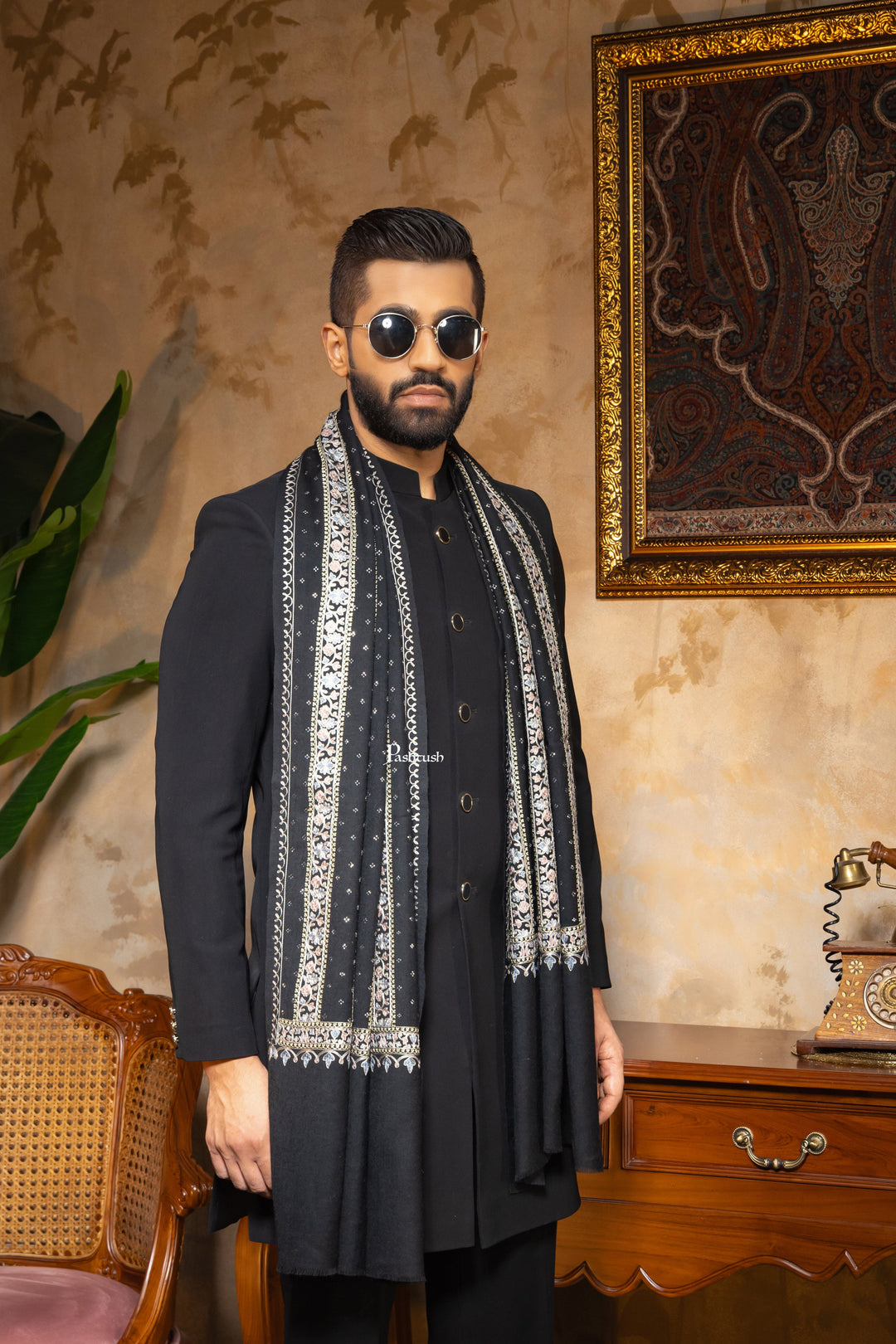 Pashtush India Mens Scarves Stoles and Mufflers Pashtush Mens 100% Pure Wool With Woolmark Certificate Stole, Nalki Embroidery With Crystal Design, Black