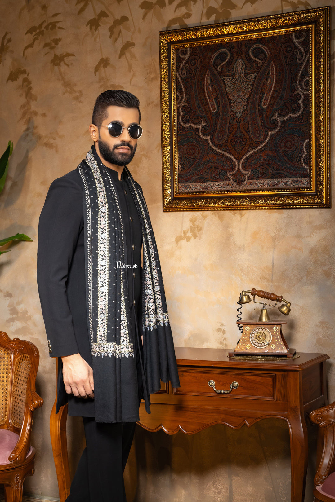 Pashtush India Mens Scarves Stoles and Mufflers Pashtush Mens 100% Pure Wool With Woolmark Certificate Stole, Nalki Embroidery With Crystal Design, Black