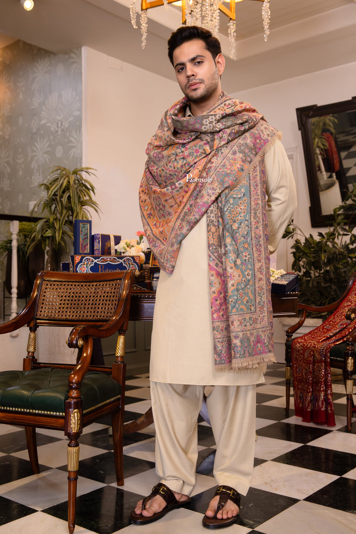 Pashtush India Mens Shawls Gents Shawl Pashtush Mens 100% Pure Wool With Woolmark Certificate Stole, Paisley Design, Beige