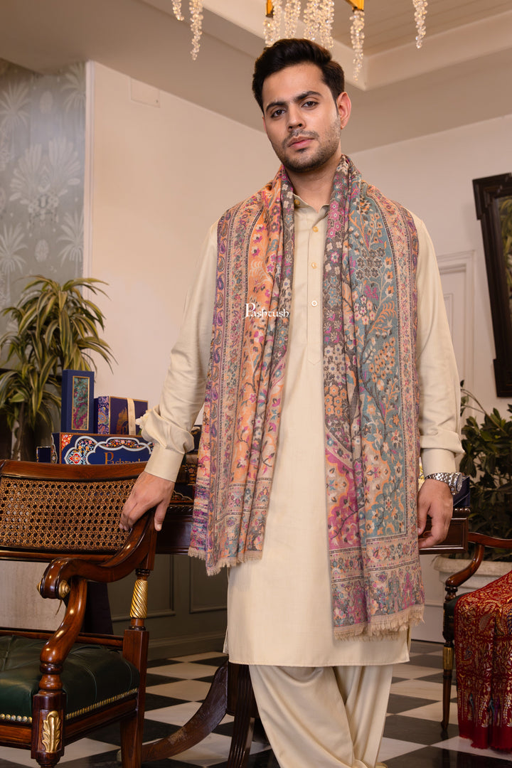 Pashtush India Mens Shawls Gents Shawl Pashtush Mens 100% Pure Wool With Woolmark Certificate Stole, Paisley Design, Beige