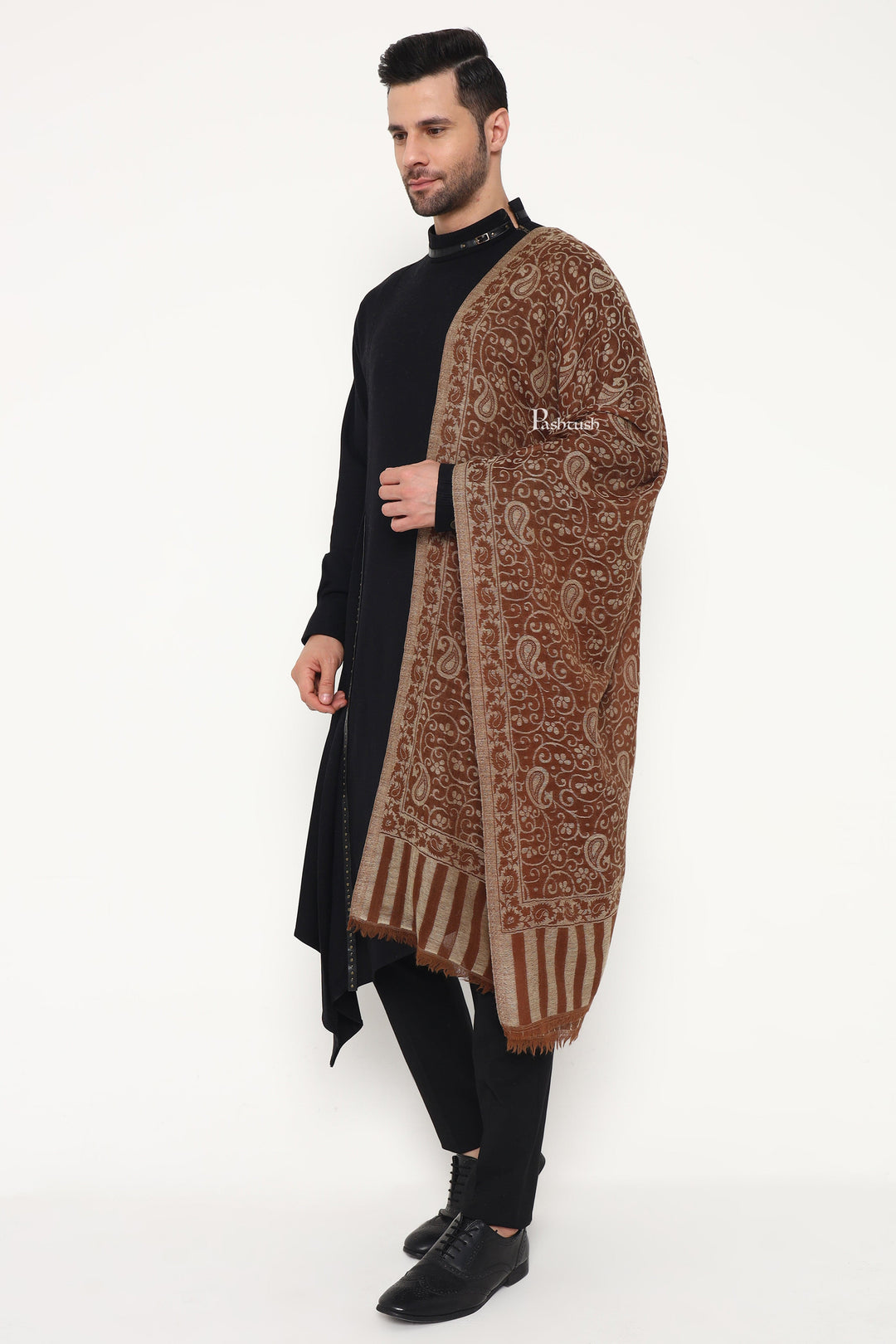 Pashtush India Mens Scarves Stoles and Mufflers Pashtush Mens 100% Pure Wool With Woolmark Certificate Stole, Paisley Design, Brown