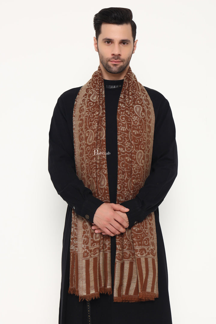 Pashtush India Mens Scarves Stoles and Mufflers Pashtush Mens 100% Pure Wool With Woolmark Certificate Stole, Paisley Design, Brown