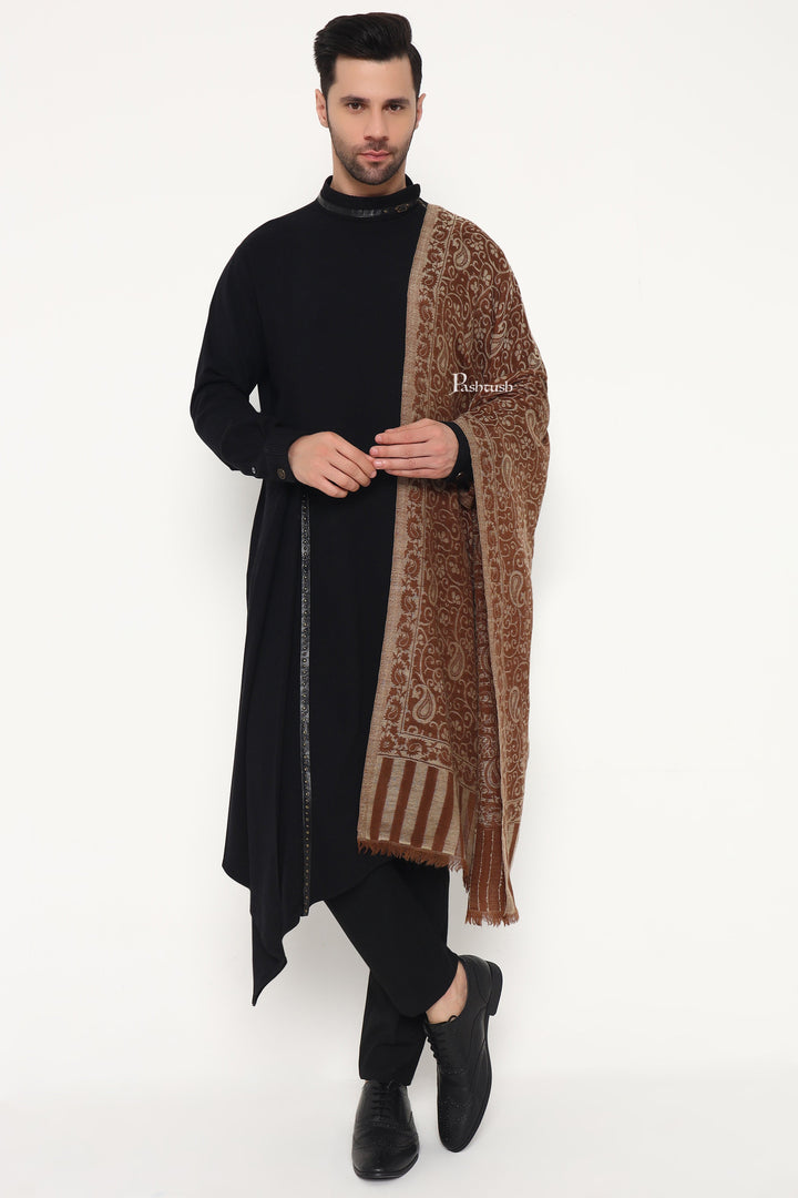 Pashtush India Mens Scarves Stoles and Mufflers Pashtush Mens 100% Pure Wool With Woolmark Certificate Stole, Paisley Design, Brown