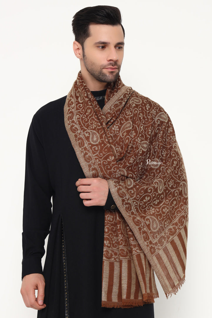 Pashtush India Mens Scarves Stoles and Mufflers Pashtush Mens 100% Pure Wool With Woolmark Certificate Stole, Paisley Design, Brown