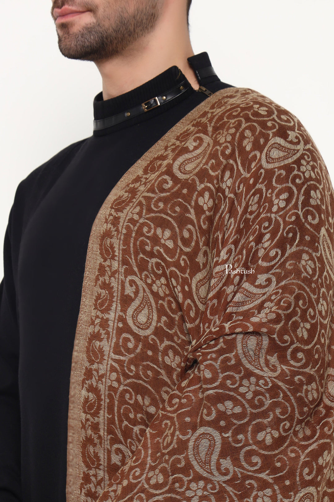 Pashtush India Mens Scarves Stoles and Mufflers Pashtush Mens 100% Pure Wool With Woolmark Certificate Stole, Paisley Design, Brown
