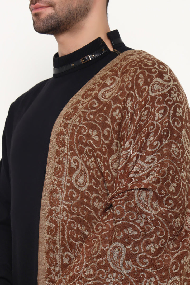 Pashtush India Mens Scarves Stoles and Mufflers Pashtush Mens 100% Pure Wool With Woolmark Certificate Stole, Paisley Design, Brown