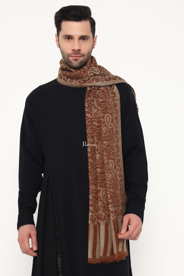 Pashtush India Mens Scarves Stoles and Mufflers Pashtush Mens 100% Pure Wool With Woolmark Certificate Stole, Paisley Design, Brown