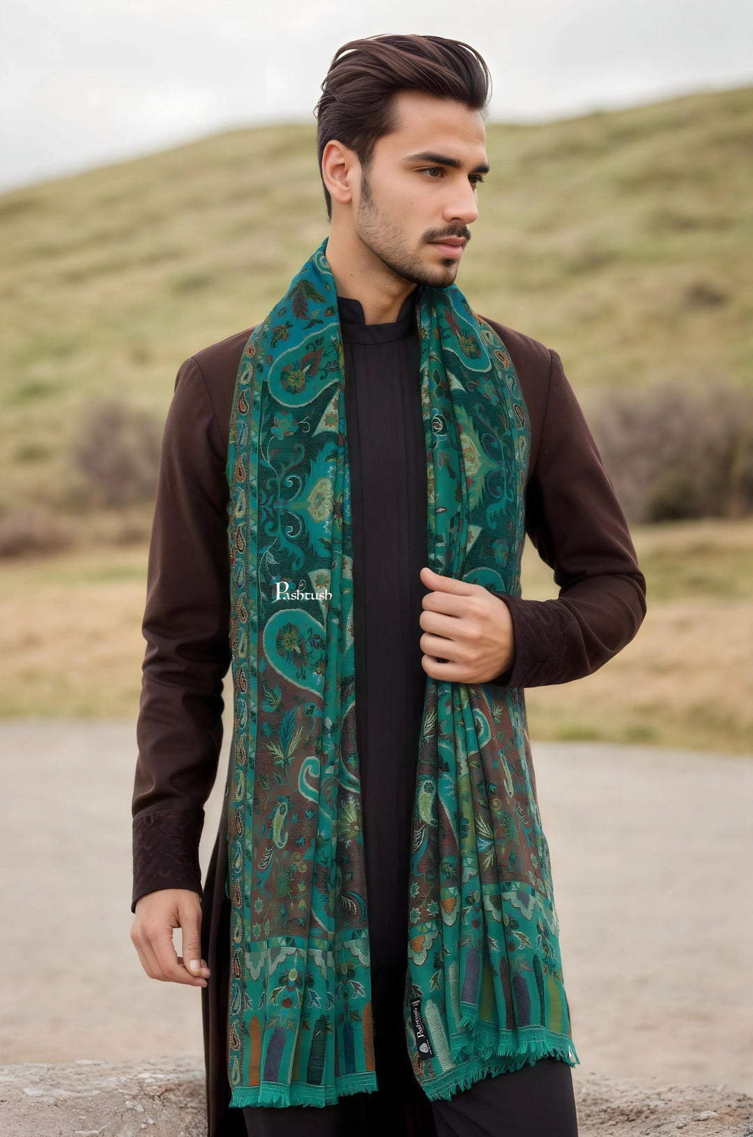 Pashtush India Mens Scarves Stoles and Mufflers Pashtush Mens 100% Pure Wool With Woolmark Certificate Stole, Paisley Design, Emerald Green