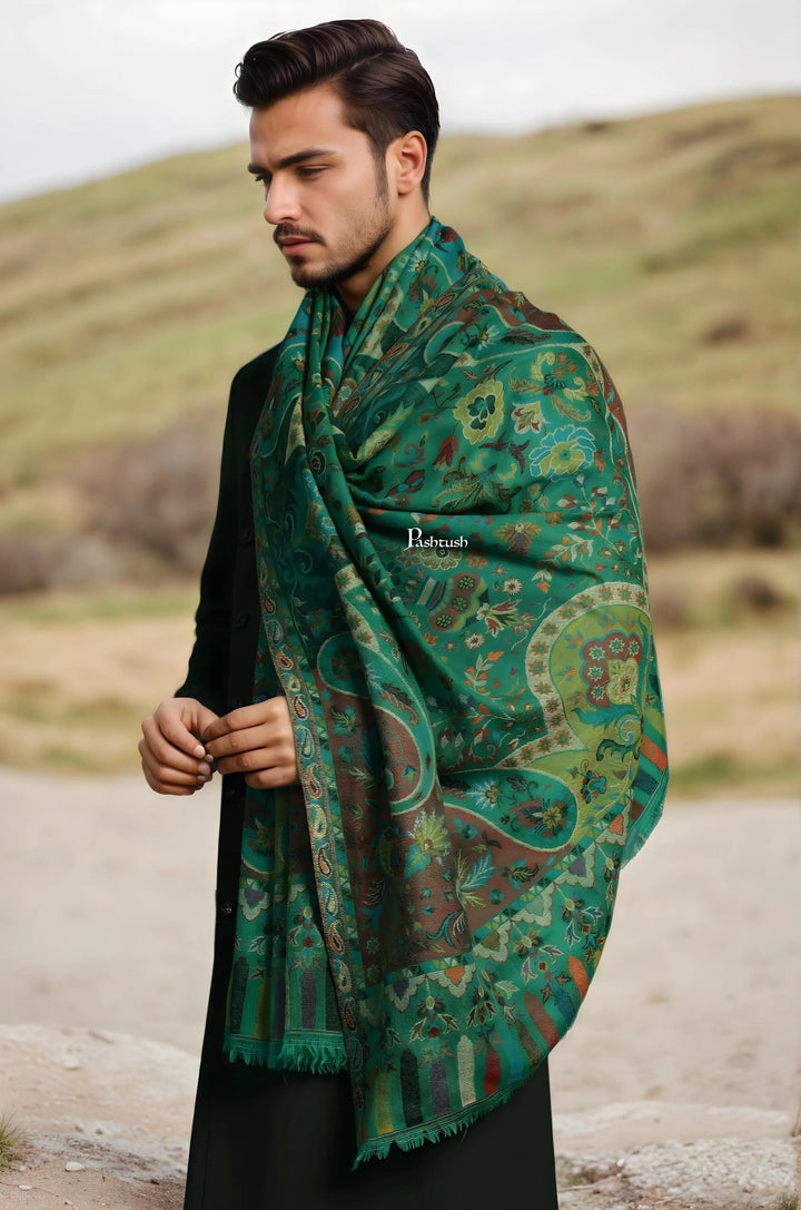 Pashtush India Mens Scarves Stoles and Mufflers Pashtush Mens 100% Pure Wool With Woolmark Certificate Stole, Paisley Design, Emerald Green