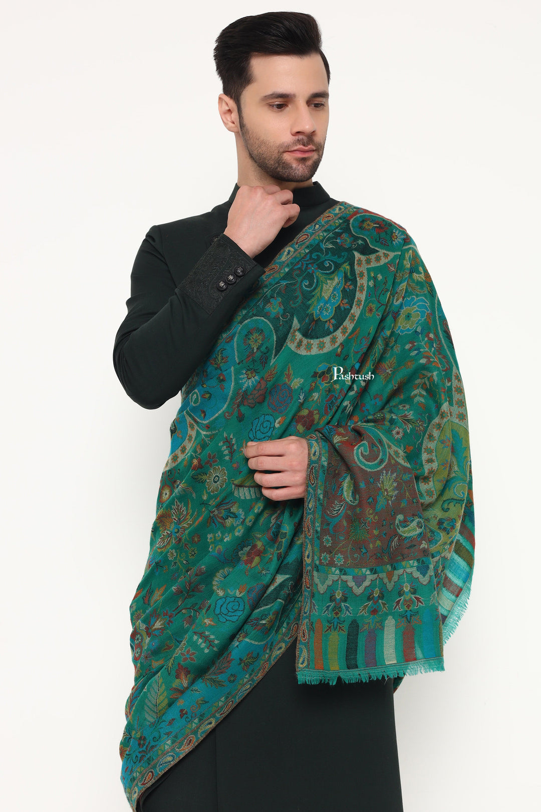 Pashtush India Mens Scarves Stoles and Mufflers Pashtush Mens 100% Pure Wool With Woolmark Certificate Stole, Paisley Design, Green