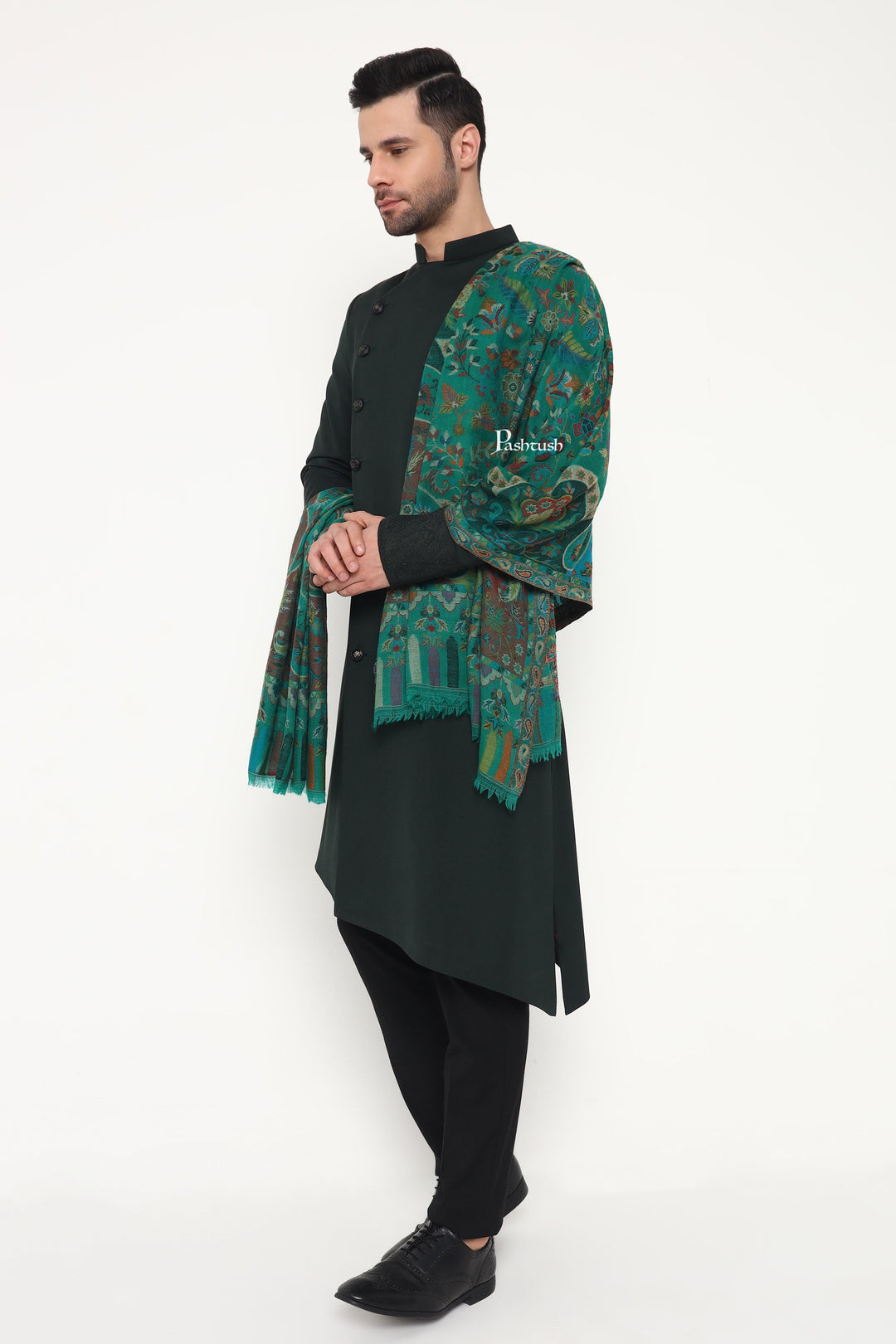 Pashtush India Mens Scarves Stoles and Mufflers Pashtush Mens 100% Pure Wool With Woolmark Certificate Stole, Paisley Design, Green