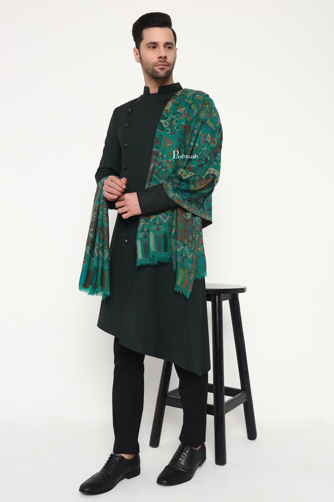 Pashtush India Mens Scarves Stoles and Mufflers Pashtush Mens 100% Pure Wool With Woolmark Certificate Stole, Paisley Design, Green