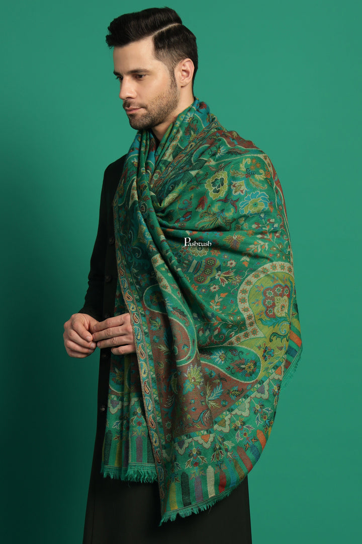 Pashtush India Mens Scarves Stoles and Mufflers Pashtush Mens 100% Pure Wool With Woolmark Certificate Stole, Paisley Design, Green