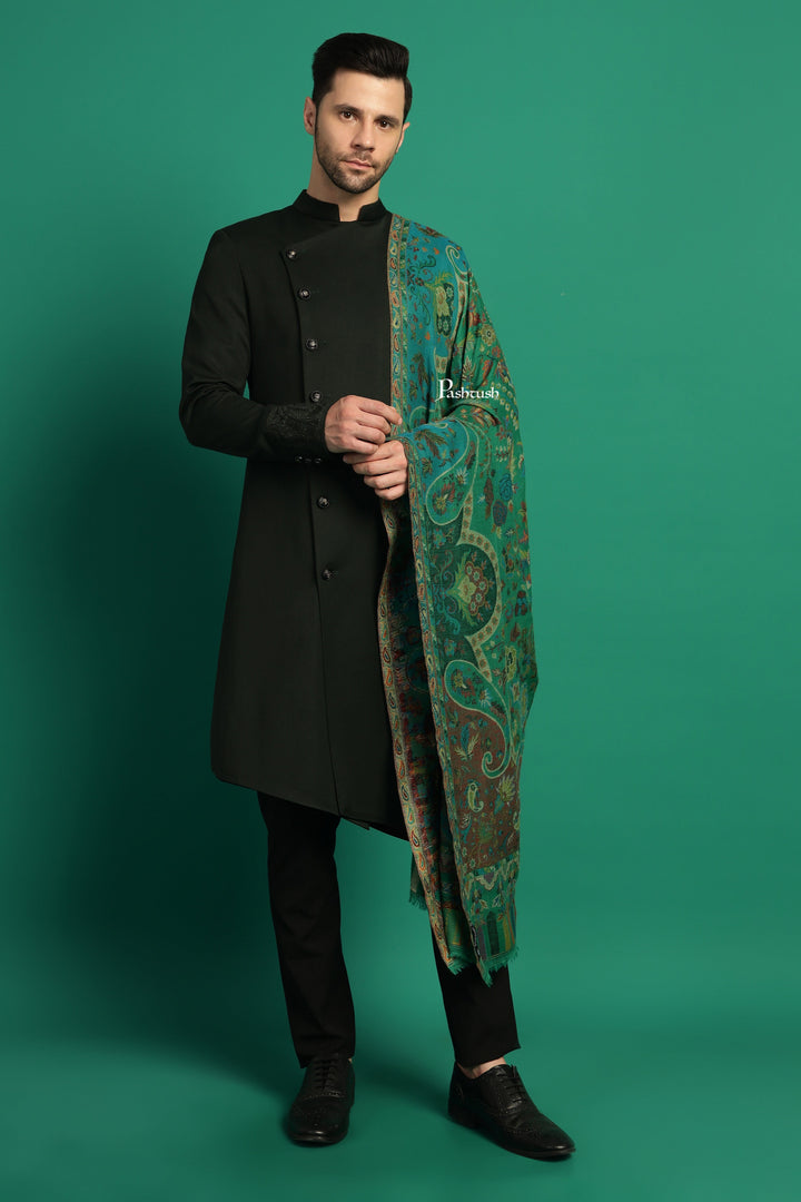 Pashtush India Mens Scarves Stoles and Mufflers Pashtush Mens 100% Pure Wool With Woolmark Certificate Stole, Paisley Design, Green